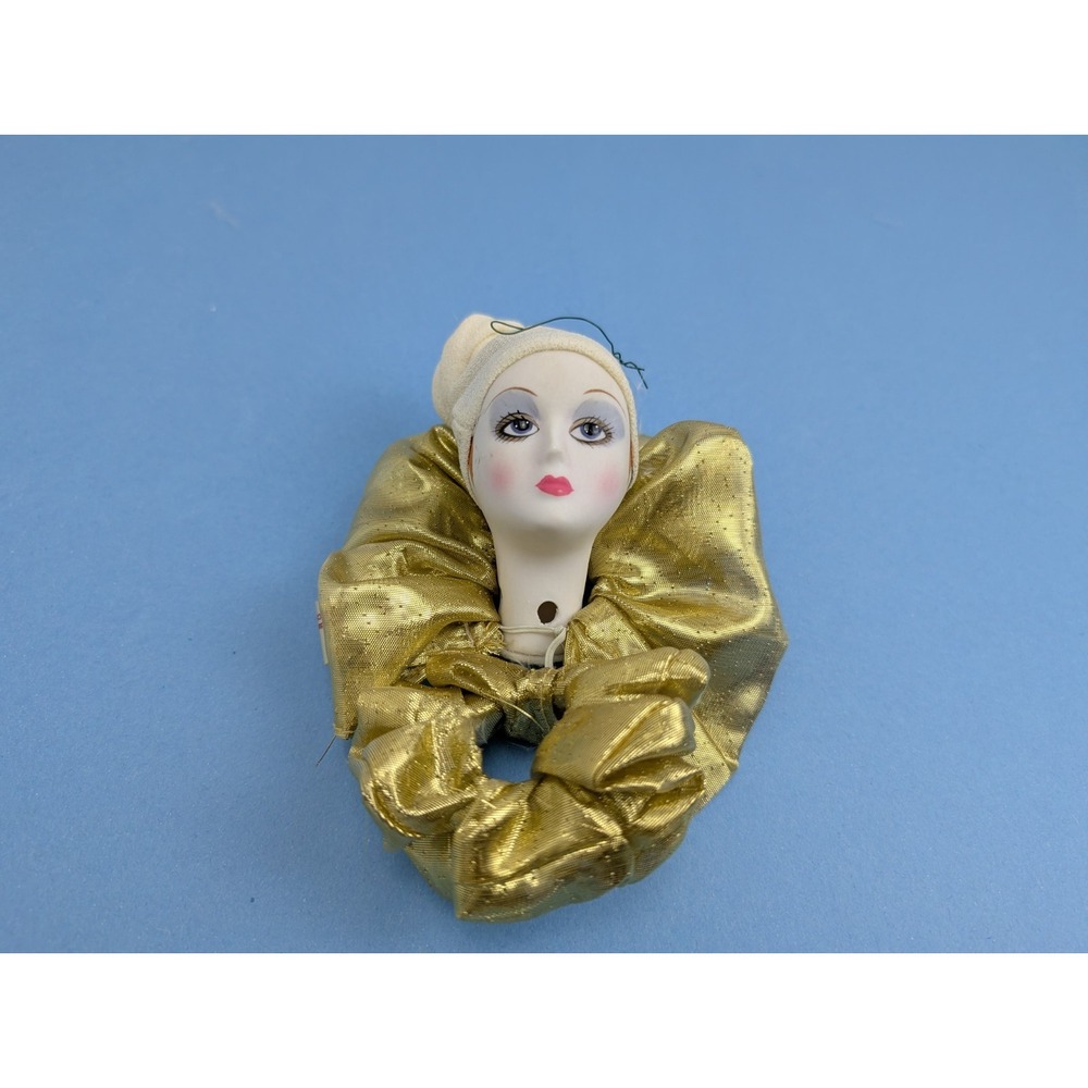Vintage 1970s Ceramic Doll Head Part with Gold Ribbon Schmid Harlequin
